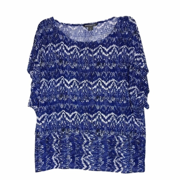 SHARANGO black, white & blue short sleeve scoop neck onionskin top - size 2X - Picture 1 of 4